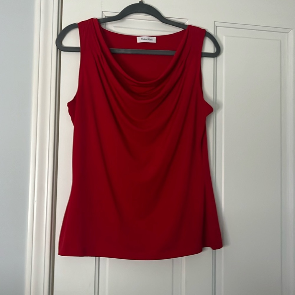 red calvin klein tanktop with a cowl neckline